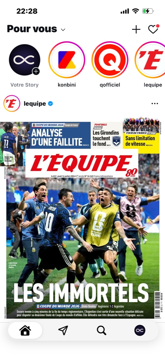 Capture de Feed sur iPhone : un fil Instagram épuré avec les messages, les stories et une navigation sans Reels